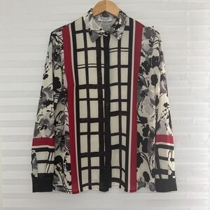 EDAS Italy Womens‎ Floral Grid Mixed Print Button Down Blouse Top Chic Retro